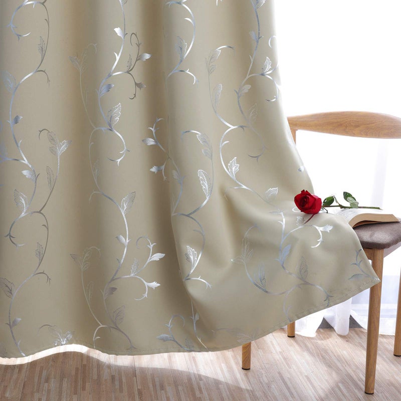 BUHUA Beige Flower Vine Print Curtain Thermal Insulated Blackout Curtains Privacy Curtain for Dining Room 52WÃ—96L Inch 1Pair - Image 4
